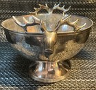 Hammered Silver Plate Footed Bowl  Deer Heads  Vintage Style