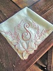 Vtg Hanky Handmade Applique Pink Embroidery Monogram S Ribbons Flowers  177