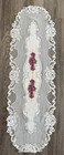 Vintage Style Lace Table Runner Featuring Embroidered Burgundy And Pink Rose