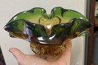 Vintage J i  Co  Murano Italy Art Glass Ashtray Bowl Venetian W Label Green Gold