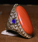 4cm Old Chinese Dynasty Silver Inlay Coral Jewelry Figure Ring Finger Ring