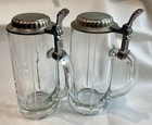 Pair Of Two  2  Clear Glass Beer Steins Mugs With Pewter Lids Bavaria Germany