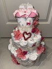 Diaper Cake It   s A Girl Pink Bows Baby Shower Gift 3 Tier Flowers Cute Shoes