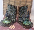 Art Deco Style Peacock Bookends Ornate Detailed Faux Bronze Blue Green Resin