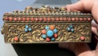 Vintage Handmade Tibetan Brass Filigree Trinket Box W  Turquoise   Coral Beads