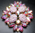 Beautiful Pink Rhinestone Molded Glass Leaves Vintage Pin Brooch
