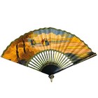 Vintage Hand Fan Vibrant Asian Paper Black Lacquer 10 5 Inch