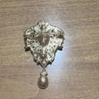 Gold Tone Filigree Brooch Pin Black   Clear Rhinestones Dangle Teardrop