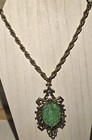 Antique Jade Green Gold Brass Chain Vintage Pendant Necklace Mystic Slag Glass