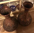 Persian Middle Eastern Engraved Metal Copper Vase Floral Design Set Of 2