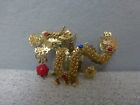 Vintage Chinese Dragon Brooch Pin Or Pendant Filigree Gold Tone Rhinestones