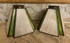 Pair  Green Beige Stained Glass  Mission  Art Deco  Lamp Shades - 5 25  Tall