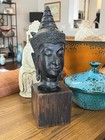13 5  Antique Bronze Thai Buddha Head Aged Wood Stand