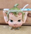Vintage Lefton Green Pixie Elf Creamer   Sugar Bowl W lid   Spoon 3970