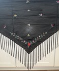 Antique Sheer Black Silk Embroidered Piano Shawl Long Fringe Flowers 67x26 