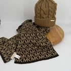 Michael Kors 2pc Knit Beanie Hat   Scarf Set Mk Logo Pattern Brown Black Acrylic