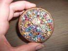 Vintage Jeweled Round Powder Compact    Jewels And Openwork Vines Design
