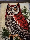 Vintage Owl Latch Hook Tapestry Yarn Rug Wall Hanging Art  70s 29 5 X 24 5 Frame