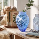 Vintage Rare Crystal Myths Signed Blue Hummingbird Etched Art Glass Vase 9 Inch