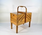 Wood Sewing Box Accordion 3 Tier Fold Out Chest Mid Century Modern Vintage