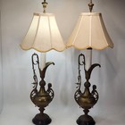 Vtg Brass Table Pitcher  Lamp Figural Ewer Pair 32  Tall Late 1800s Renaissance 