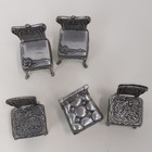 Set Of 5 Miniature Pewter Chairs Dollhouse Furniture Vintage Ornate Metal Set
