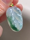 18k Yellow Gold Translucent Icy Green Leaf Jadeite Natural Jade Pendant 1019