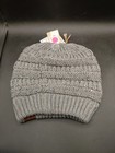 C c Women Beanie Tail Ponytail Messy Bun Solid Ribbed Knit Beanie Hat Cap Grey
