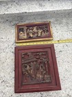 Pair Of Antique Asian Carved Wood 3d Relief Gold Gilt Wall Art Pieces
