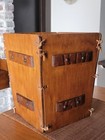 Antique vtg Mission arts   Crafts Wooden Waste Basket can Leather Lace Details