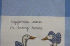 Vtg Goose Pillow Cross Stitched Picture Pair Set Geese Happiness Heart Blue Lace