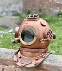 Antique Copper Scuba Deep Sea Diving Divers Helmet Mark V Us Brass 18  Wood Base