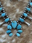 Navajo Handmade Sterling Silver Kingman Turquoise Squash Blossom Necklace 20   