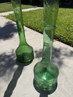 Set Of 2 Green Embossed Glass Decorative Bottles  Tall Long Neck