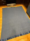 Vintage Waffle Weave Cellular Satin Trim Blue Wool Blanket 68x91