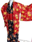Black Kimono   Red Haori Ensemble Set Japanese Traditional Robe Excellent