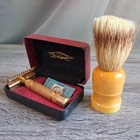 Gillette 1930s Gold Tone Double Edge  Safety Razor W  Case   Butterscotch Brush 