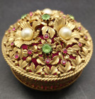 Vintage Florenza Signed Jewelry Trinket Box Footed Gold Tone Filigree