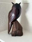 Vintage Horned Owl Hand Carved Wooden Sculpture Perched On Natural Wood 11 5    In