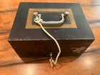 Antique Metal Strong Box With Key - Dark Brown W  Gold Trim And Red Interior