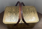 Vtg Wood Grain Metal Tin Picnic Basket- Lunch  Craft Or Bread Box W wood Handles