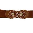 Women s Brown Elastic Waist Stretch Vegan Faux Leather Belt Floral Buckle