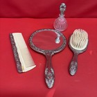 Vintage 4 Pc Ornate Silver Tone Vanity Set Mirror Brush Comb Perfume Bottle
