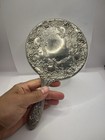 Vtg Hand-held Vanity Mirror Silver Plated Ornate Victorian Floral Design Heavy