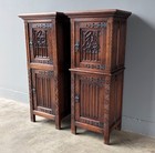 50  Tall Pair Of Vintage French Solid Oak Wood Highly Carved Gothic Cabinets