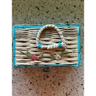 Vintage Wicker Sewing Basket Japan Turquoise Trim Raffia Floral Notions Box