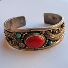Vintage Navajo Old Pawn Sterling Silver Cuff Bracelet Turquoise Red Coral Stones