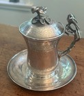 19th C Ottoman Empire Silver Sahlep Cup W peacock Handle Lid W  Flower   Saucer