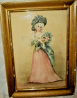 1890s Victorian Watercolor Painting French Lady Pompadour Chippy Gilt Frame
