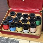Lot Vtg Sewing Notions Thread Case Tool Box Black Wood Spools Belding Corticelli